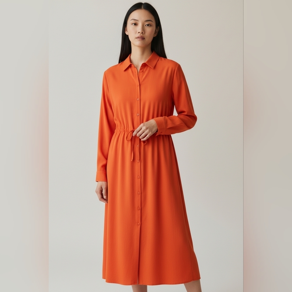 NEW, VILLA, Elegant Persimmon Orange Button-Down Drawstring Shirt Dress